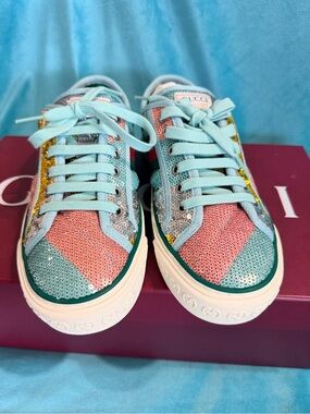 Gucci Pastel Sequin Low-Top Sneakers in Aqua, Pink & Gold